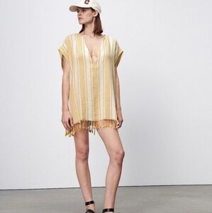 ZARA Boho Striped Tunic Dress Fringe Hem Beach Cover Up Yellow Size M